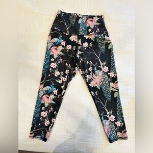 Evolution and Creation Floral Peacock Print Leggings in Black, Pink & Teal